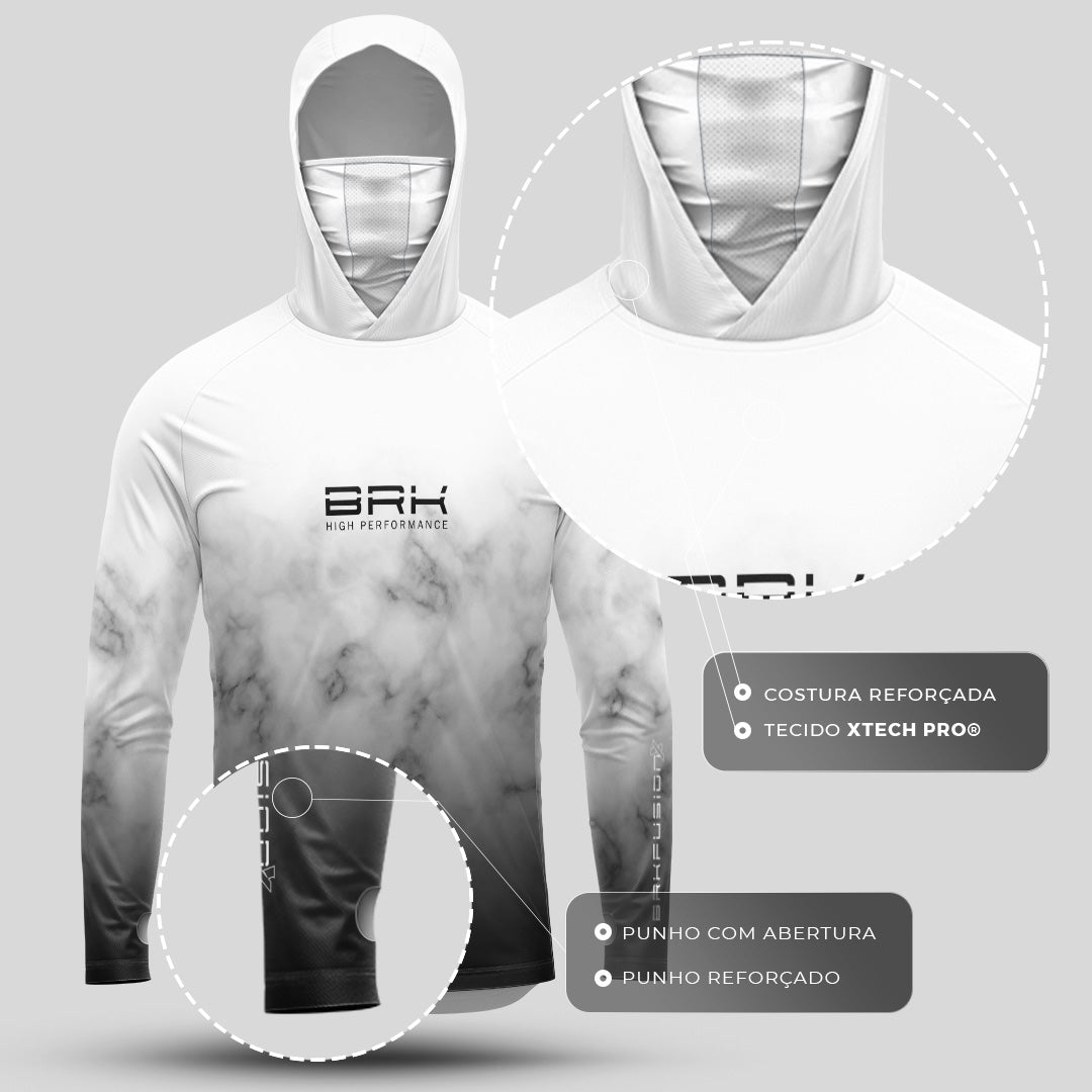 Camisa FusionX Brk Galaxy Branca e Preta com Capuz e Proteção UV50+ Envio Imediato Brk Fishing