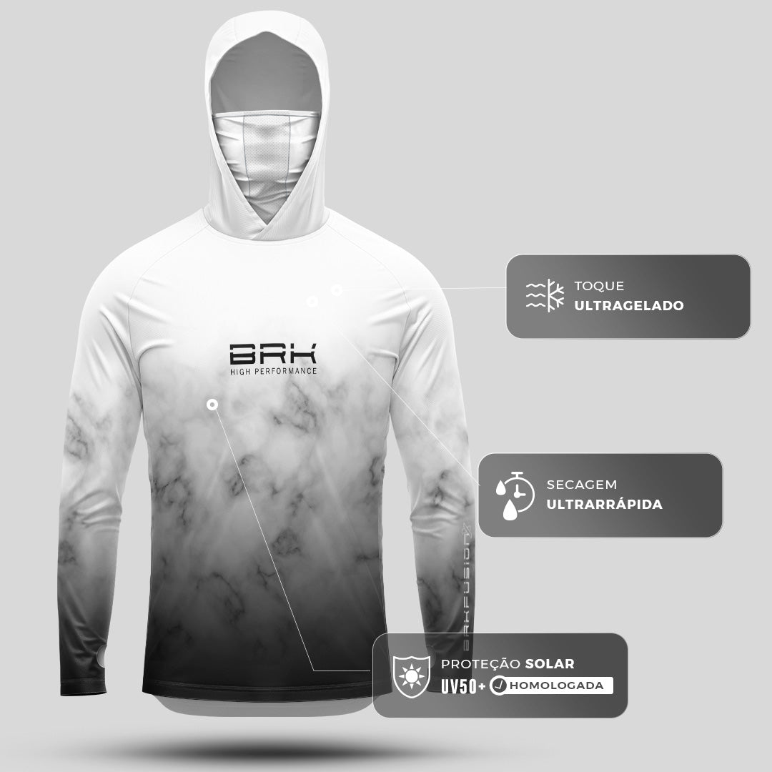 Camisa FusionX Brk Galaxy Branca e Preta com Capuz e Proteção UV50+ - Brk Fishing