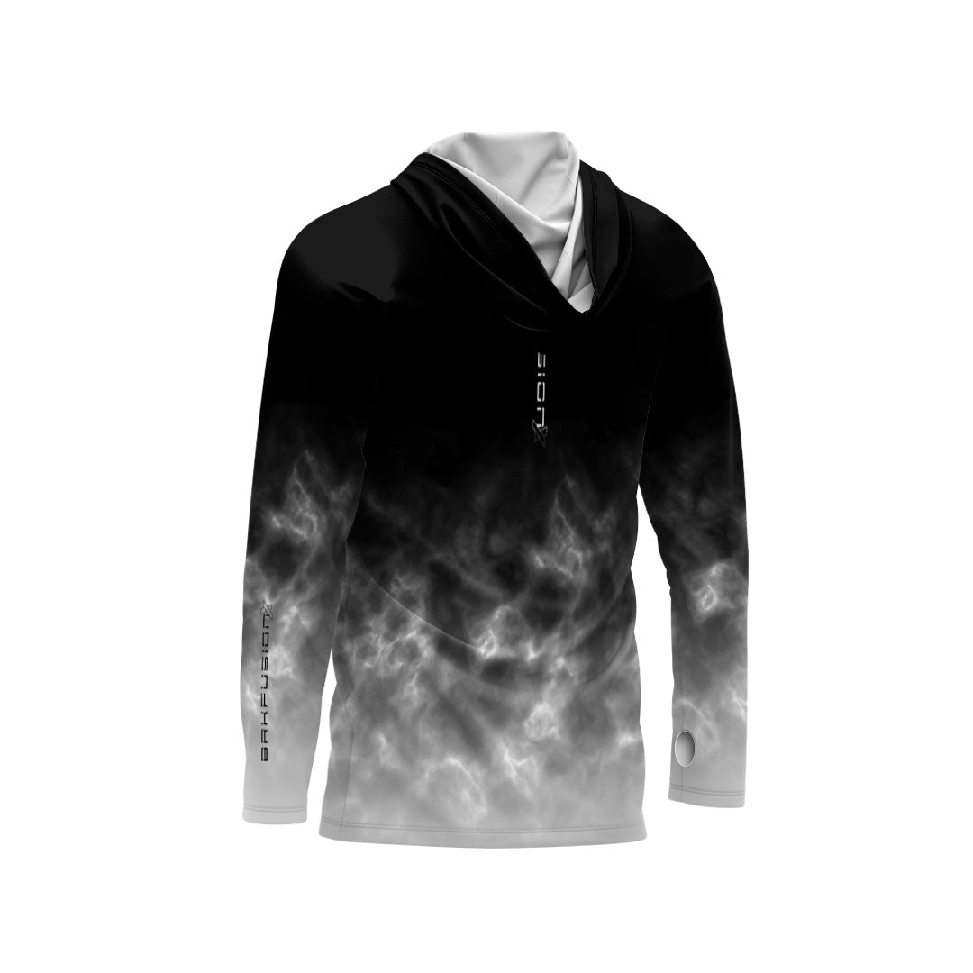 Camisa FusionX Brk Galaxy Efeito Mármore Preta e Branco com Capuz e Proteção UV50+ Envio Imediato Brk Fishing