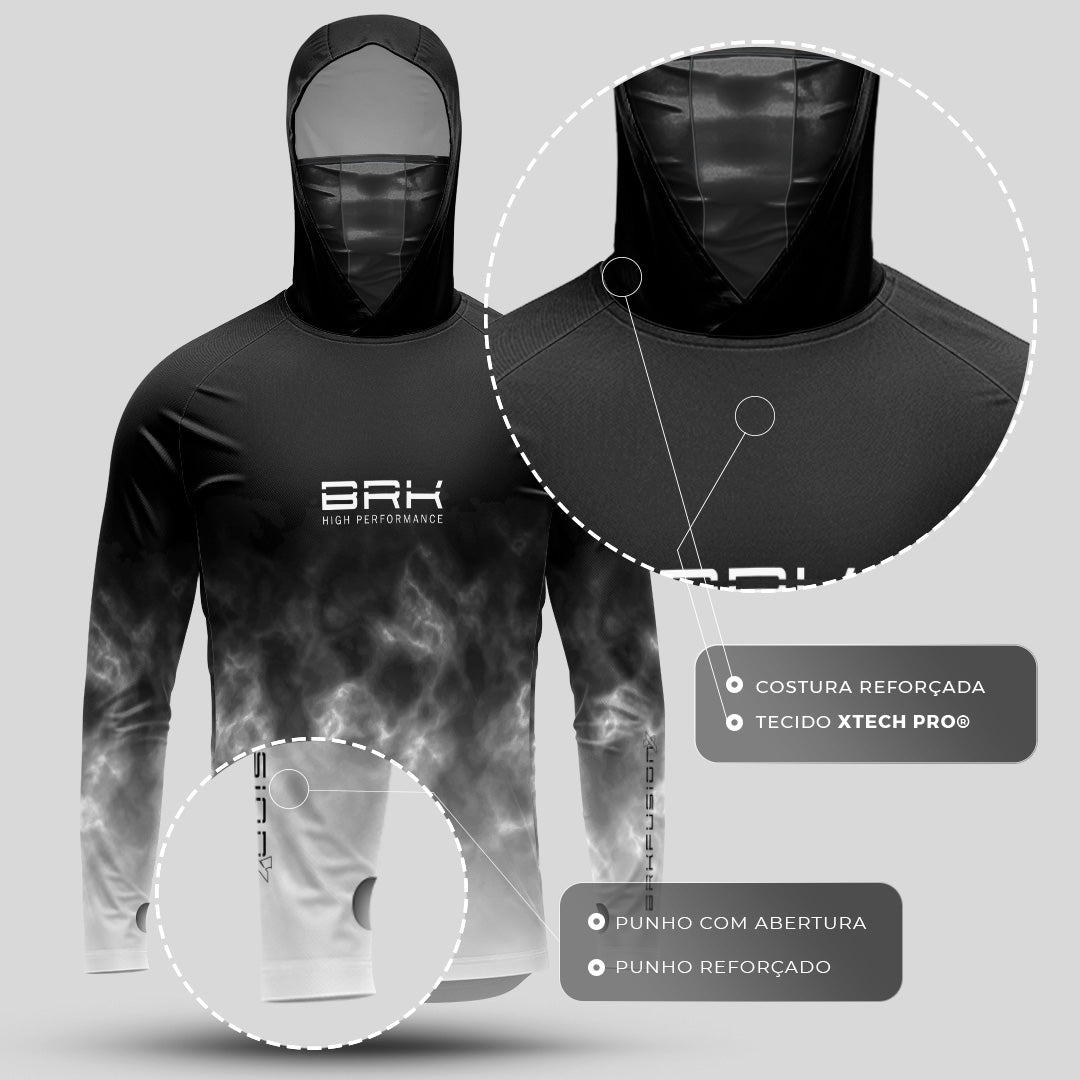 Camisa FusionX Brk Galaxy Efeito Mármore Preta e Branco com Capuz e Proteção UV50+ Brk Fishing