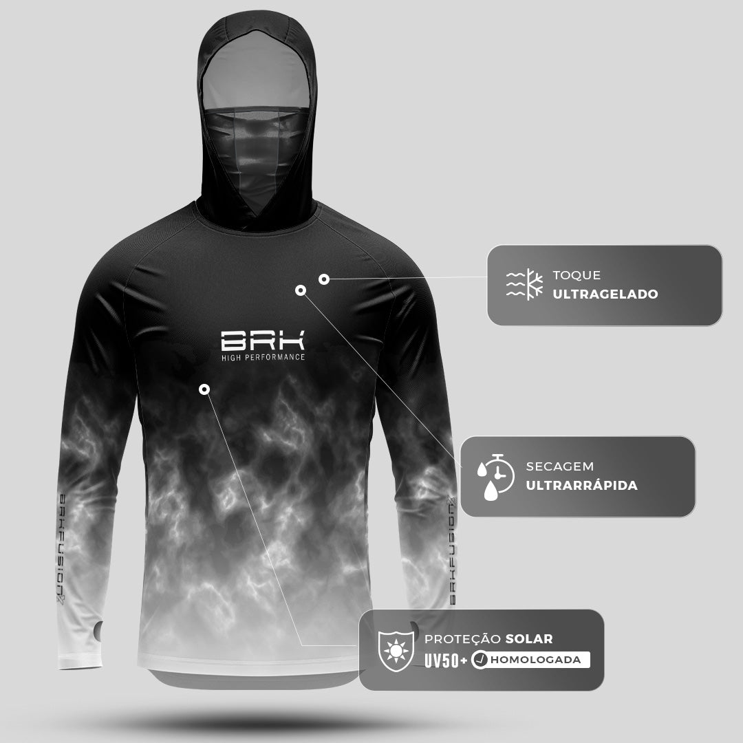 Camisa FusionX Brk Galaxy Efeito Mármore Preta e Branco com Capuz e Proteção UV50+ Envio Imediato Brk Fishing
