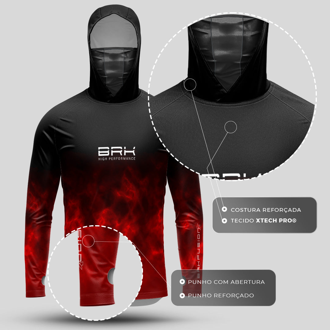 Camisa FusionX Brk Galaxy Preta e Vermelho com Capuz e Proteção UV50+ - Brk Fishing