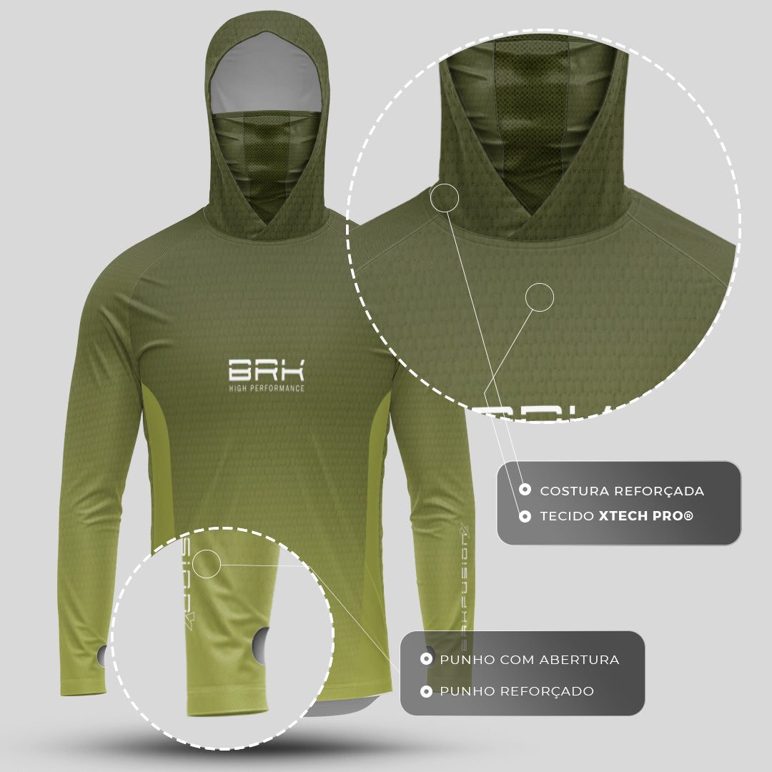 Camisa FusionX Brk Clean Verde Oliva com Capuz e Proteção UV50+ - Brk Fishing