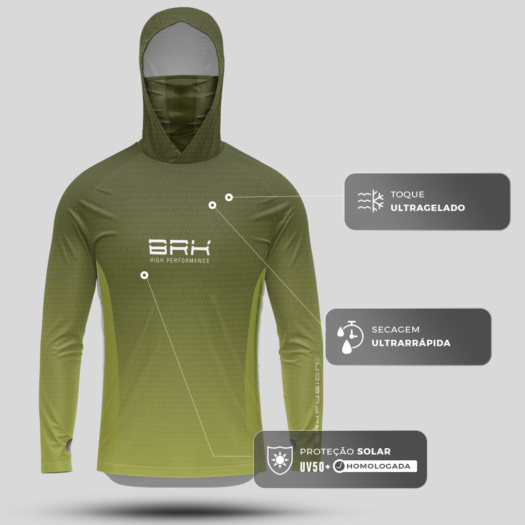 Camisa FusionX Brk Clean Verde Oliva com Capuz e Proteção UV50+ - Brk Fishing
