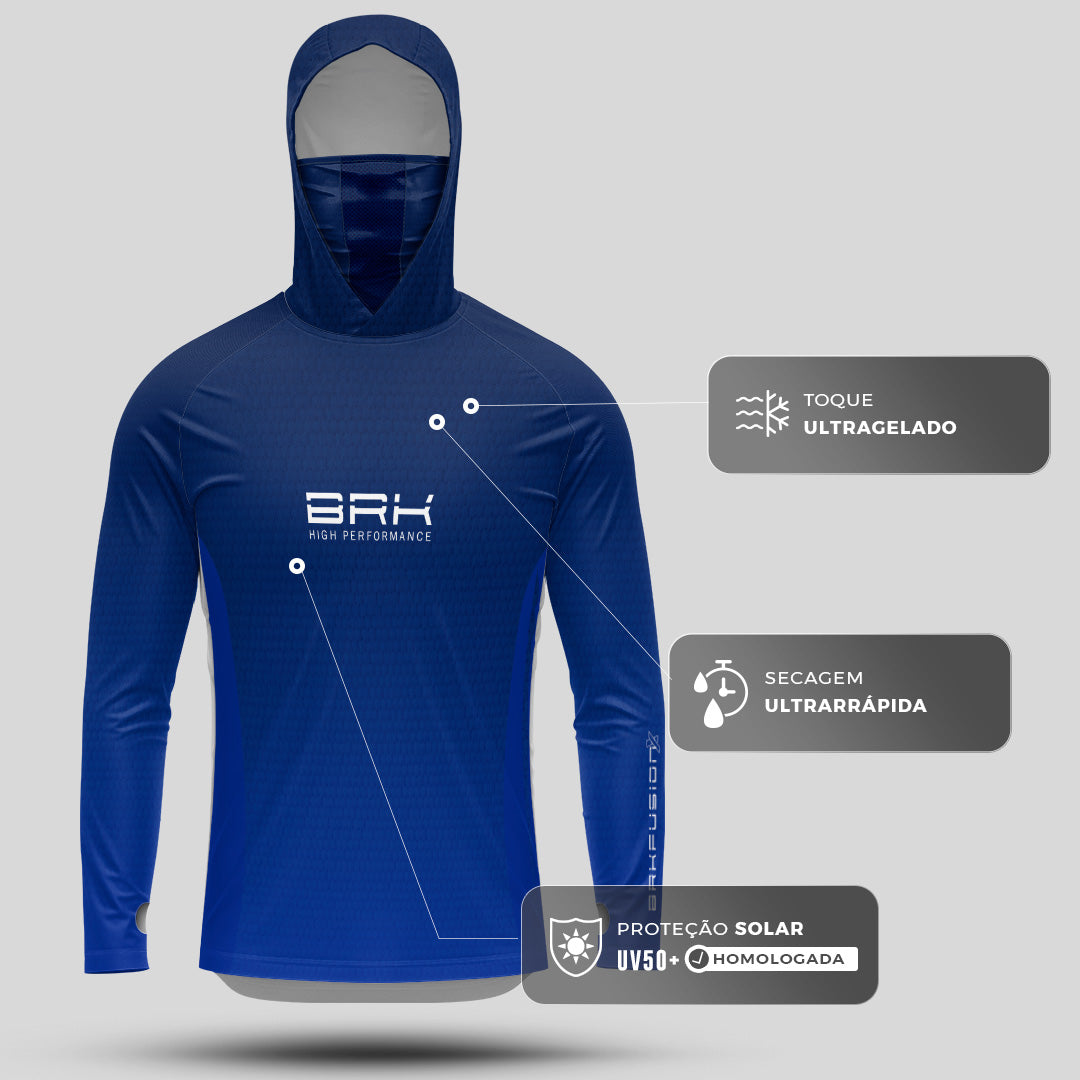 Camisa FusionX Brk Clean Azul com Capuz e Proteção UV50+ Brk Fishing