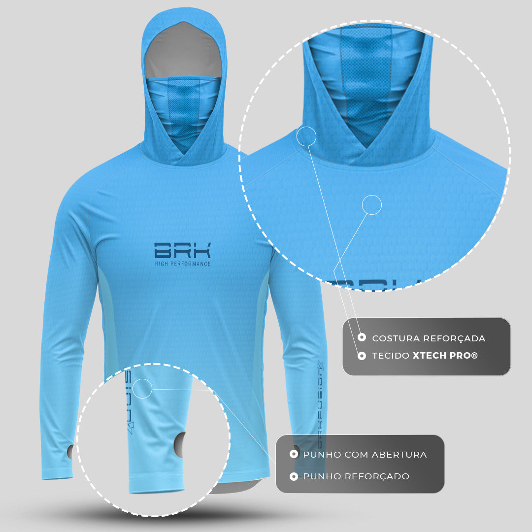 Camisa FusionX Brk Clean Azul Claro com Capuz e Proteção UV50+ - Brk Fishing