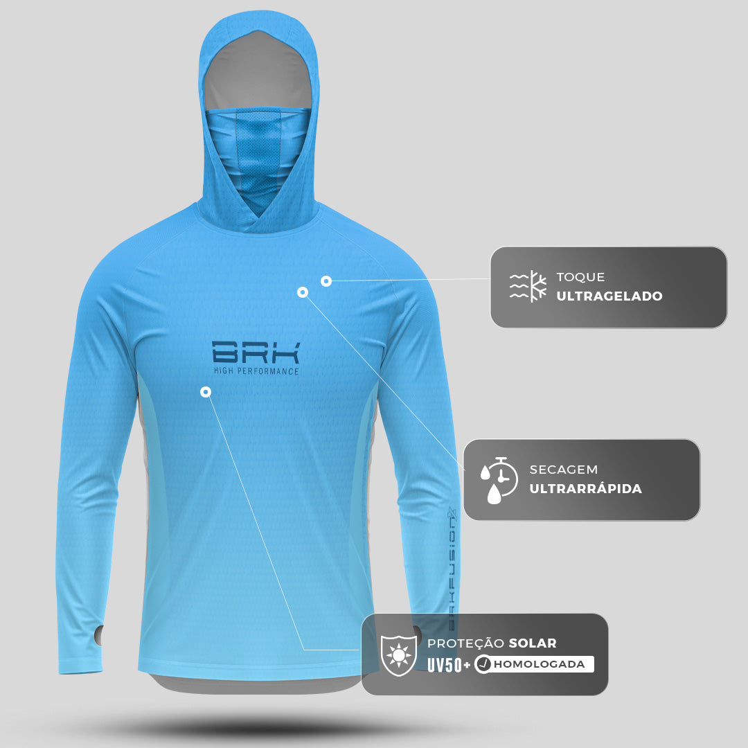 Camisa FusionX Brk Clean Azul Claro com Capuz e Proteção UV50+ - Brk Fishing