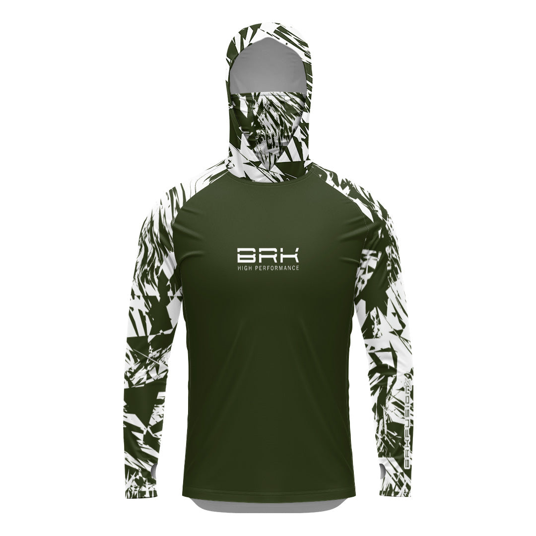 Camisa FusionX Brk Marine Verde Musgo e Branco com Capuz e Proteção UV50+ - Brk Fishing