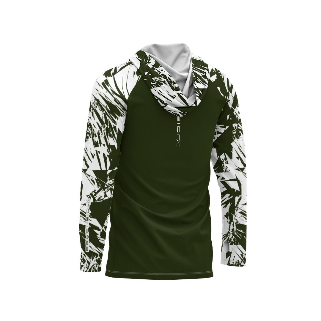 Camisa FusionX Brk Marine Verde Musgo e Branco com Capuz e Proteção UV50+ - Brk Fishing