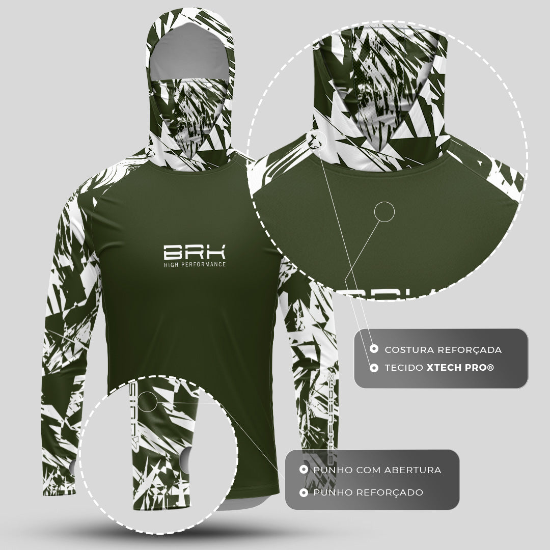 Camisa FusionX Brk Marine Verde Musgo e Branco com Capuz e Proteção UV50+ - Brk Fishing
