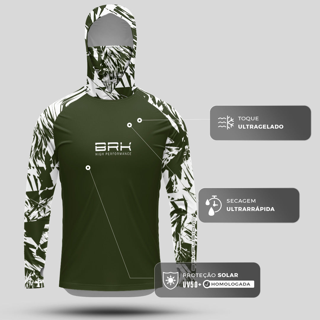 Camisa FusionX Brk Marine Verde Musgo e Branco com Capuz e Proteção UV50+ - Brk Fishing