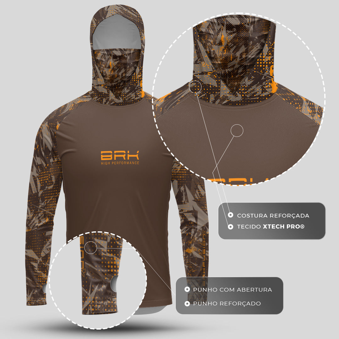 Camisa FusionX Brk Marine Marrom com Capuz e Proteção UV50+ Brk Fishing