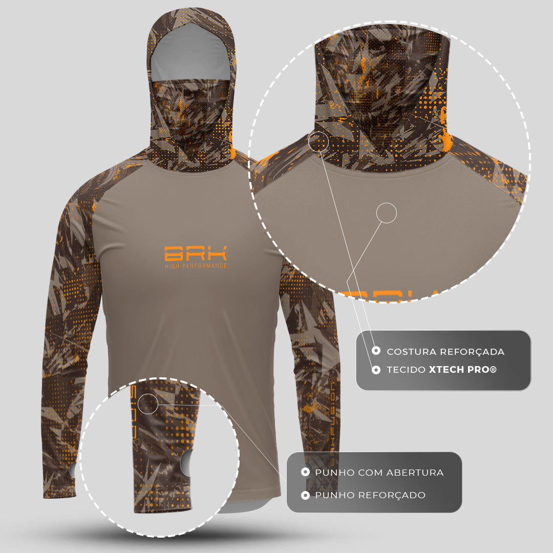 Camisa FusionX Brk Marine Marrom Claro com Capuz e Proteção UV50+ - Brk Fishing