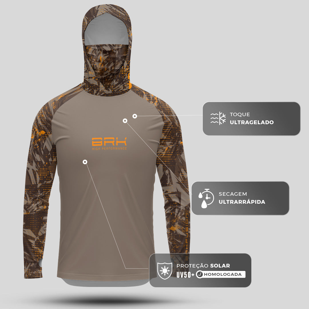 Camisa FusionX Brk Marine Marrom Claro com Capuz e Proteção UV50+ - Brk Fishing