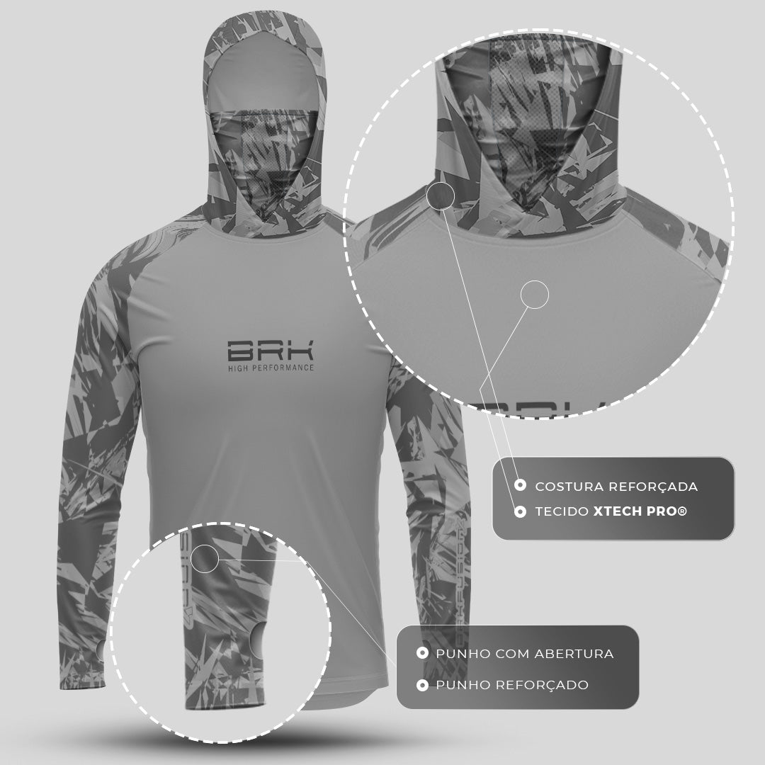 Camisa FusionX Brk Marine Cinza com Capuz e Proteção UV50+ - Brk Fishing