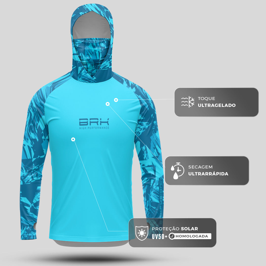 Camisa FusionX Brk Marine Azul Claro com Capuz e Proteção UV50+ - Brk Fishing