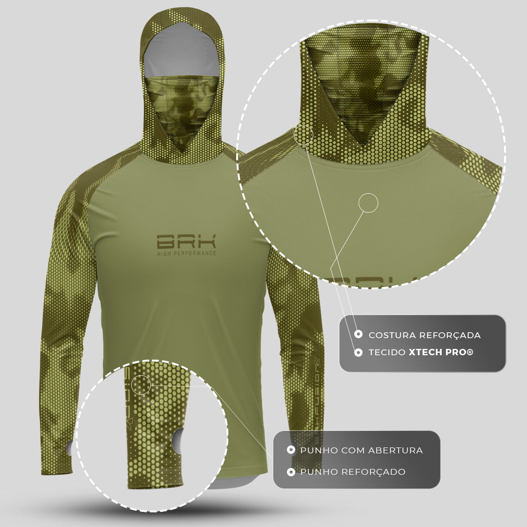 Camisa FusionX Brk Camo Verde com Capuz e Proteção UV50+ - Brk Fishing