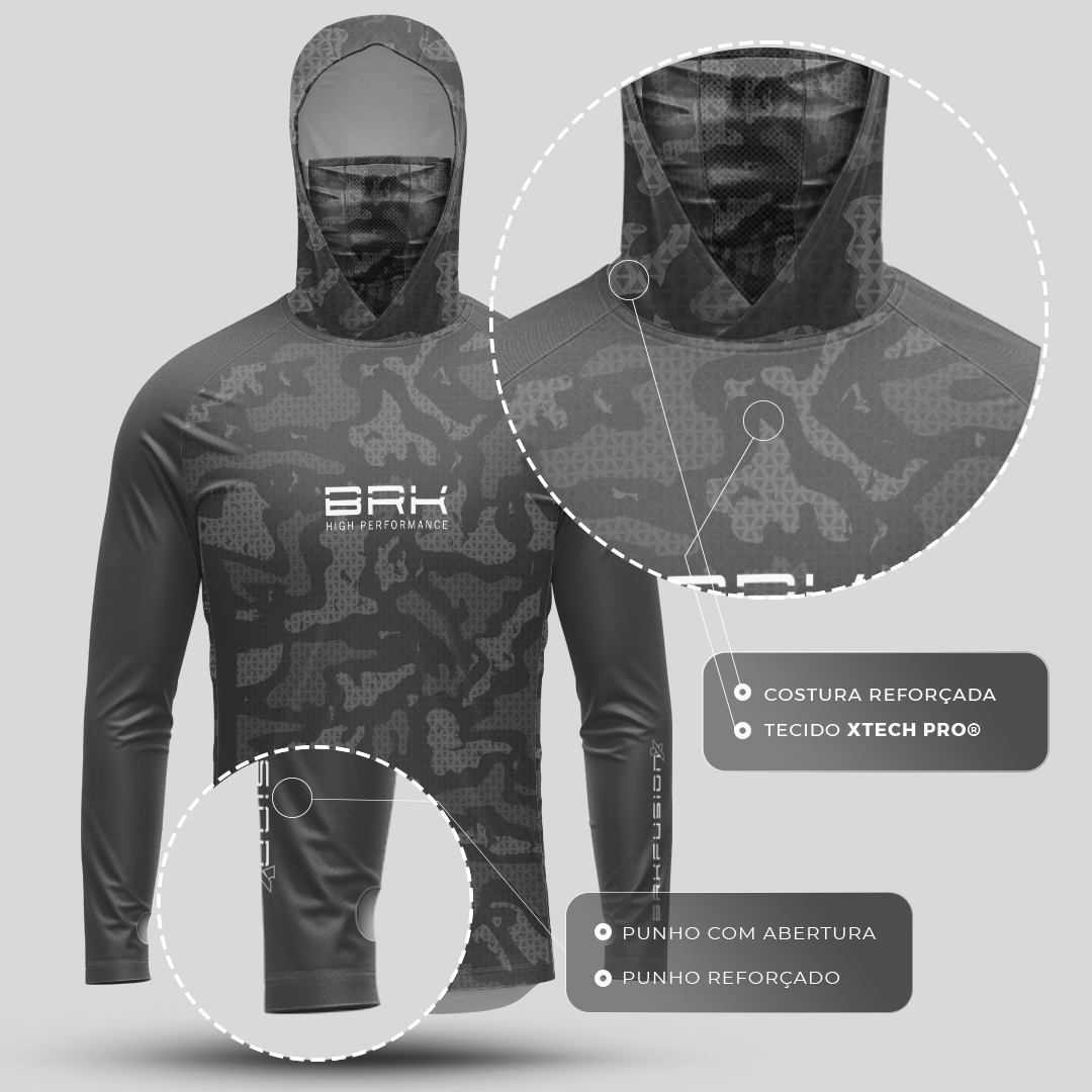Camisa FusionX Brk Camo Cinza com Capuz e Proteção UV50+ - Brk Fishing