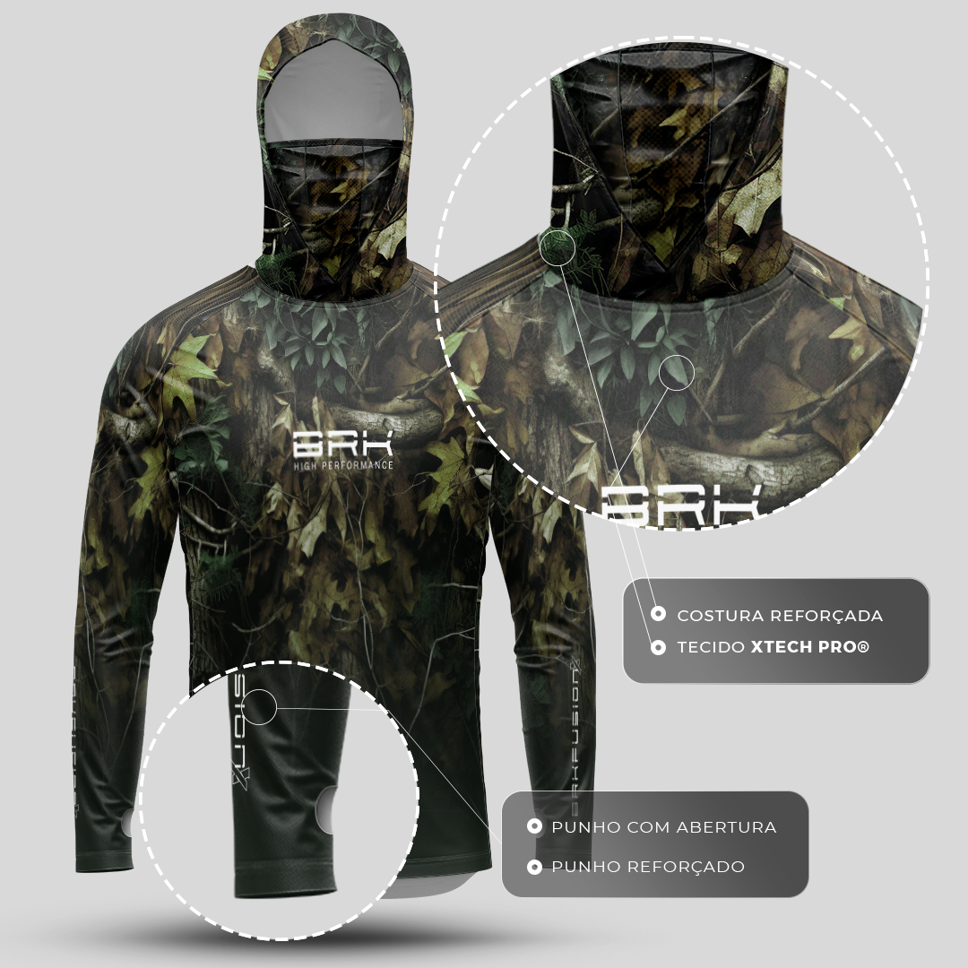 Camisa FusionX Brk Hunter Verde com Capuz e Proteção UV50+ Envio Imediato Brk Fishing
