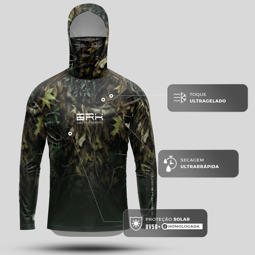 Camisa FusionX Brk Hunter Verde com Capuz e Proteção UV50+ - Brk Fishing