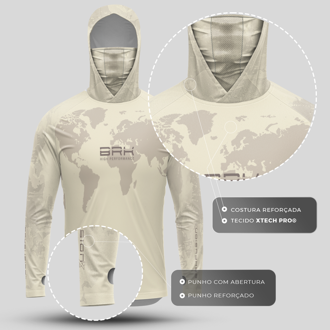 Camisa FusionX Brk Discovery Areia com Capuz e Proteção UV50+ Envio Imediato Brk Fishing