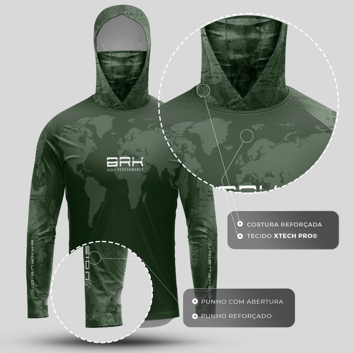 Camisa FusionX Brk Discovery Verde com Capuz e Proteção UV50+ - Brk Fishing