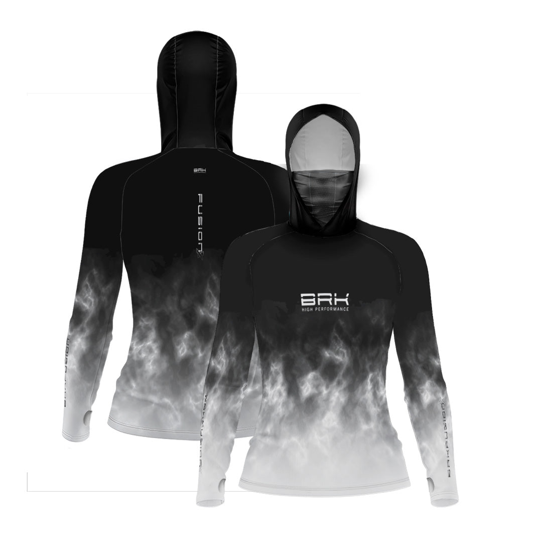 Camisa FusionX Feminina Brk Galaxy Efeito Mármore Preta e Branco com Capuz e Proteção UV50+ - Brk Fishing