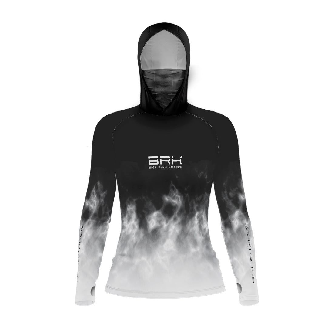 Camisa FusionX Feminina Brk Galaxy Efeito Mármore Preta e Branco com Capuz e Proteção UV50+ - Brk Fishing
