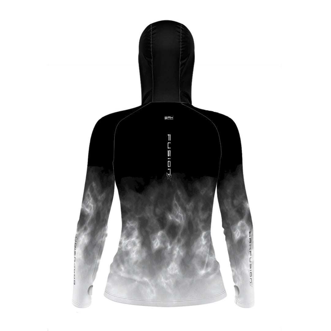 Camisa FusionX Feminina Brk Galaxy Efeito Mármore Preta e Branco com Capuz e Proteção UV50+ - Brk Fishing