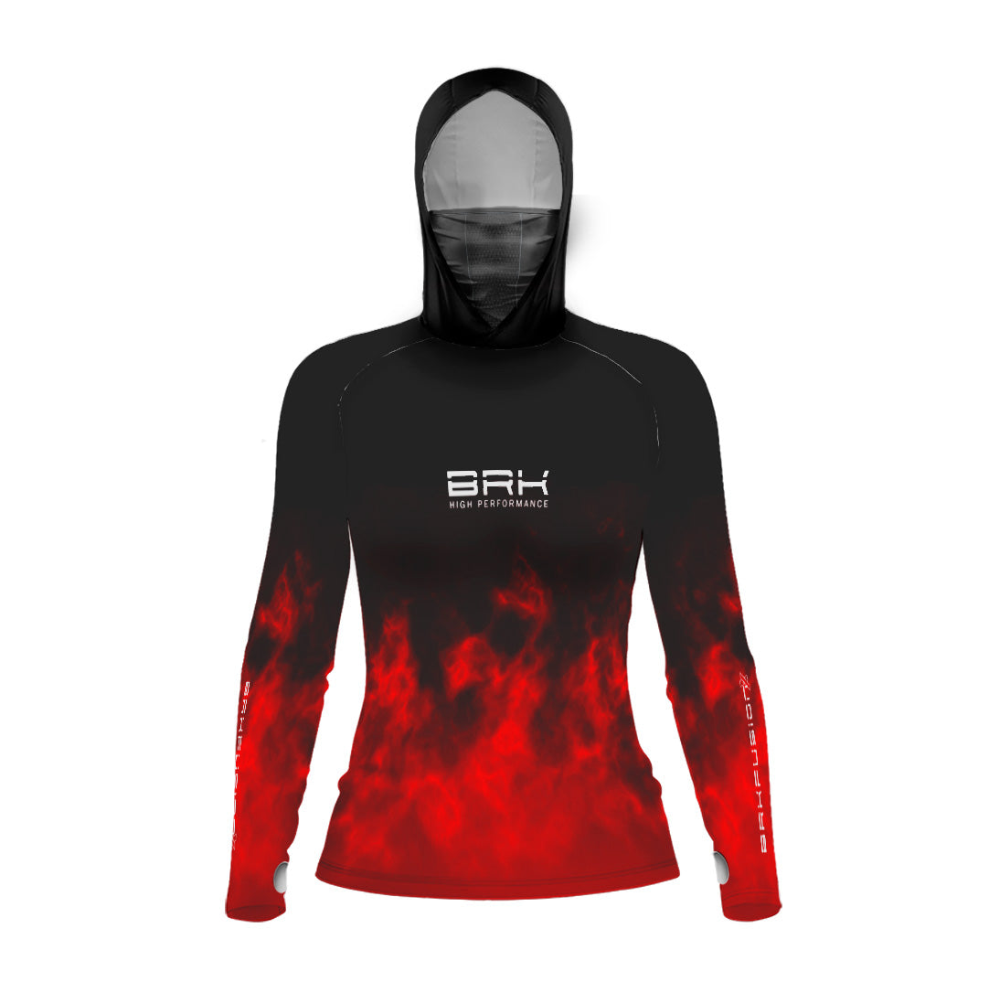Camisa FusionX Feminina Brk Galaxy Preta e Vermelho com Capuz e Proteção UV50+ - Brk Fishing