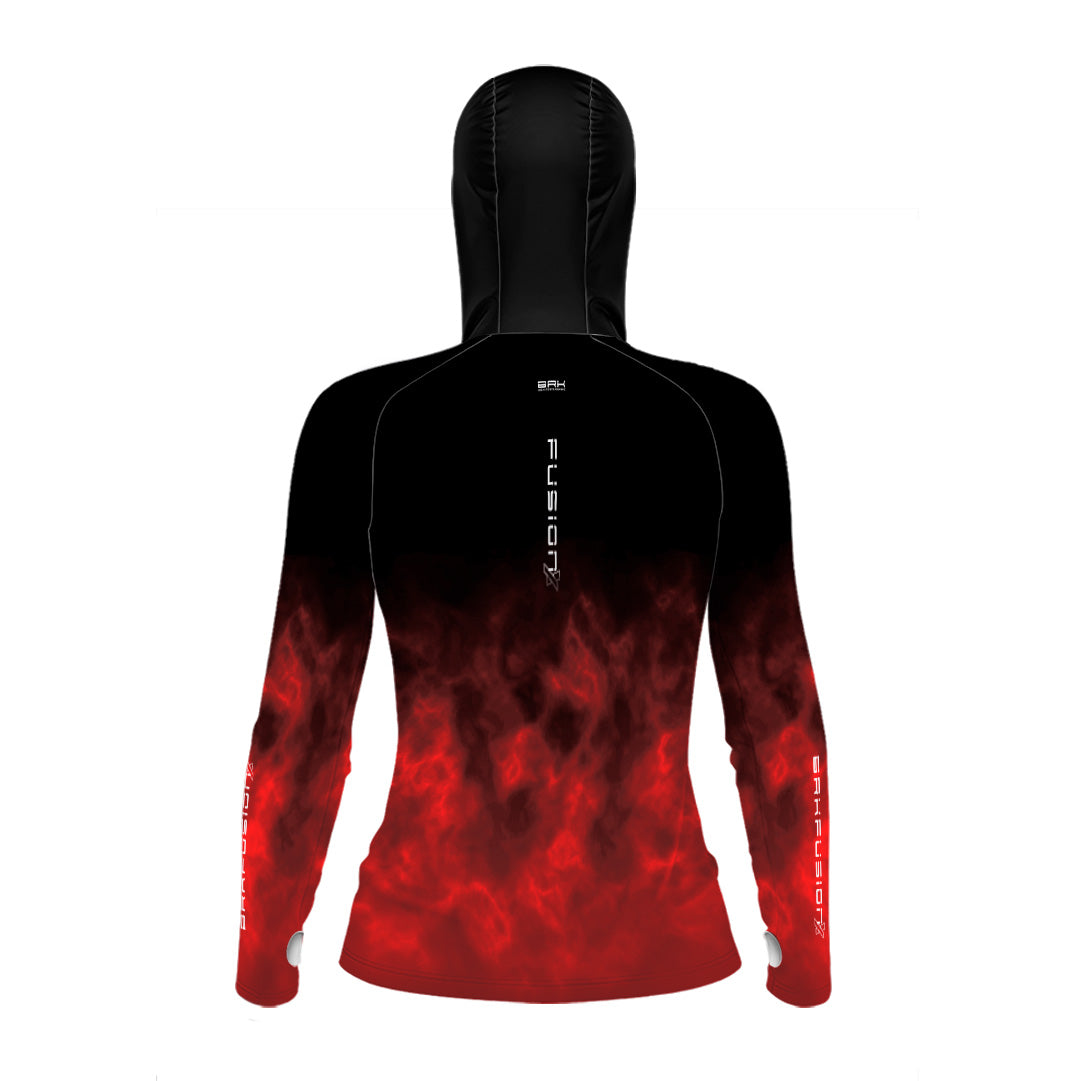Camisa FusionX Feminina Brk Galaxy Preta e Vermelho com Capuz e Proteção UV50+ - Brk Fishing