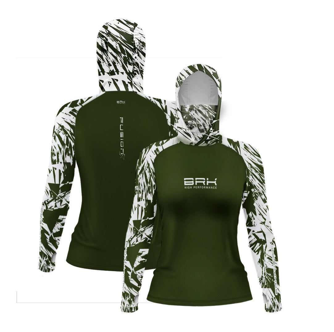 Camisa FusionX Feminina Brk Marine Verde Musgo e Branco com Capuz e Proteção UV50+ - Brk Fishing