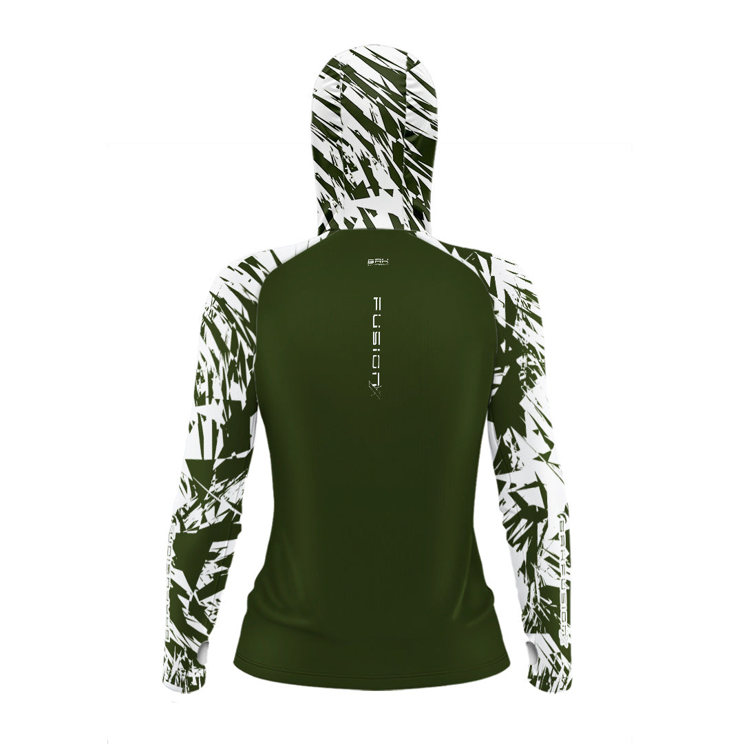 Camisa FusionX Feminina Brk Marine Verde Musgo e Branco com Capuz e Proteção UV50+ - Brk Fishing