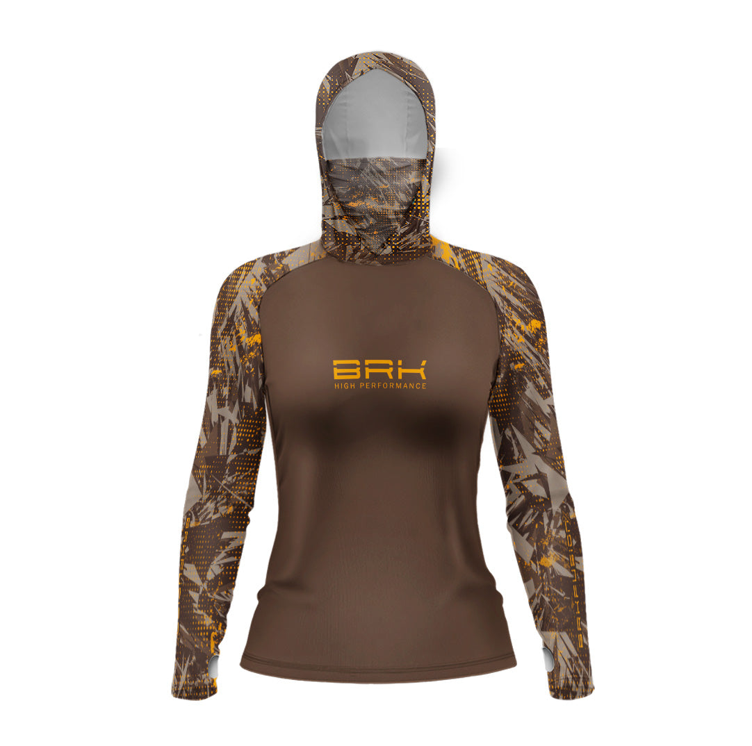 Camisa FusionX Feminina Brk Marine Marrom com Capuz e Proteção UV50+ Envio Imediato Brk Fishing