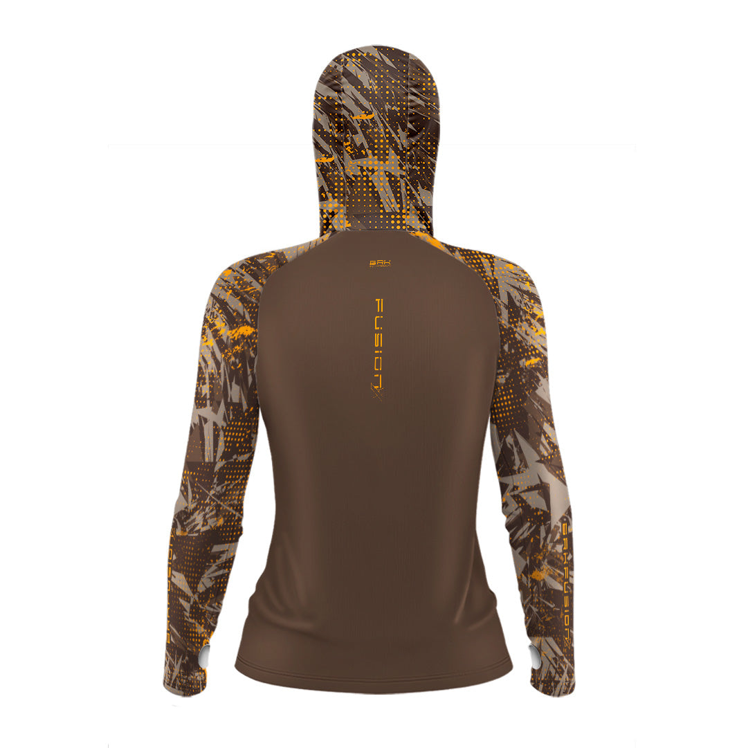 Camisa FusionX Feminina Brk Marine Marrom com Capuz e Proteção UV50+ Brk Fishing