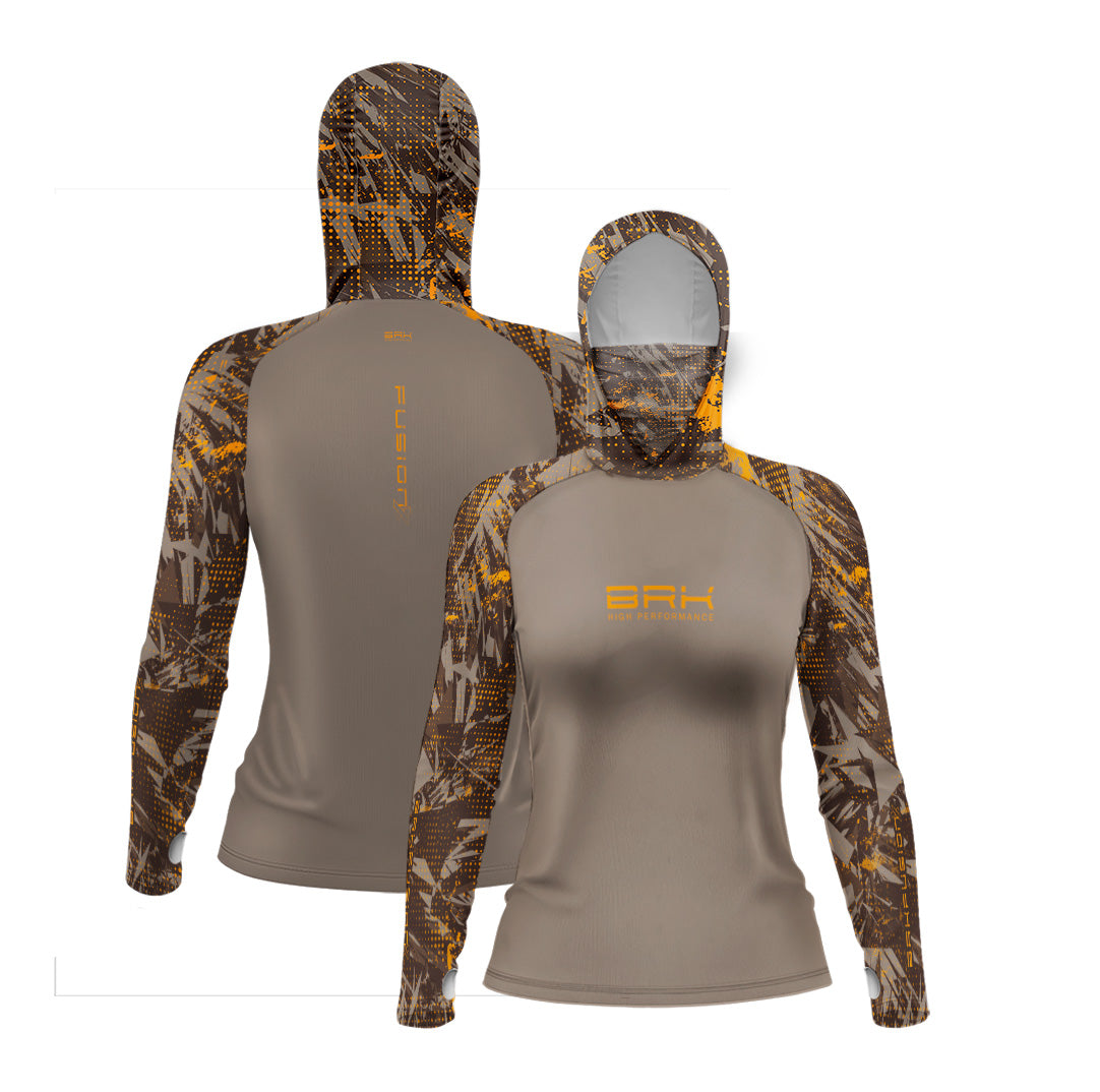 Camisa FusionX Feminina Brk Marine Marrom Claro com Capuz e Proteção UV50+ - Brk Fishing