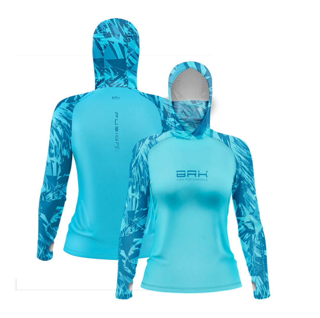 Camisa FusionX Feminina Brk Marine Azul Claro com Capuz e Proteção UV50+ - Brk Fishing