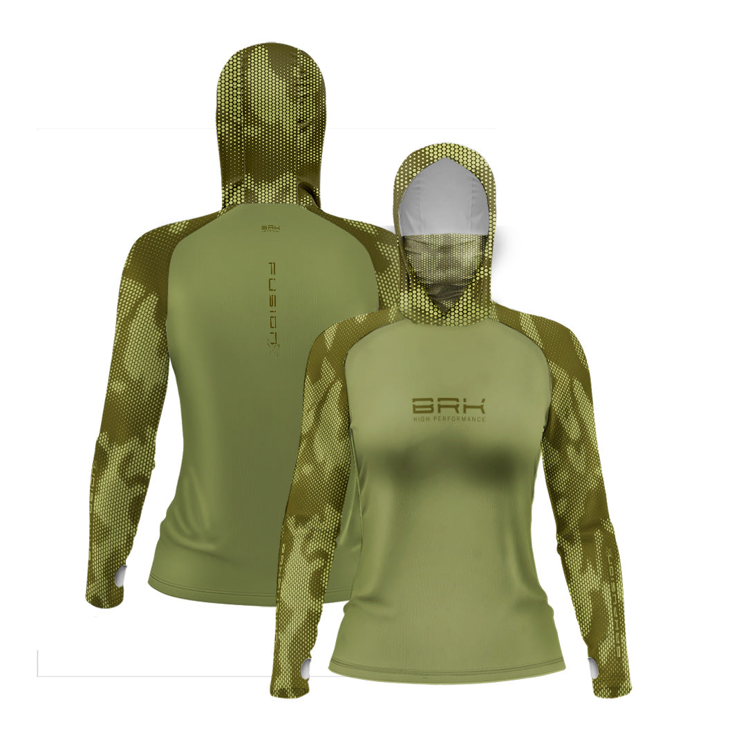 Camisa FusionX Feminina Brk Camo Verde com Capuz e Proteção UV50+ - Brk Fishing