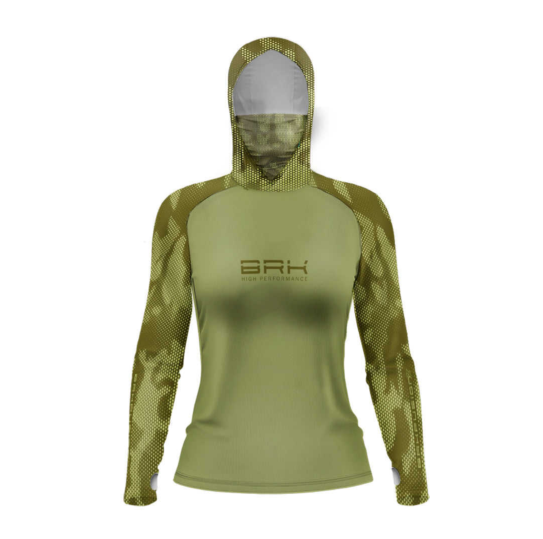 Camisa FusionX Feminina Brk Camo Verde com Capuz e Proteção UV50+ - Brk Fishing