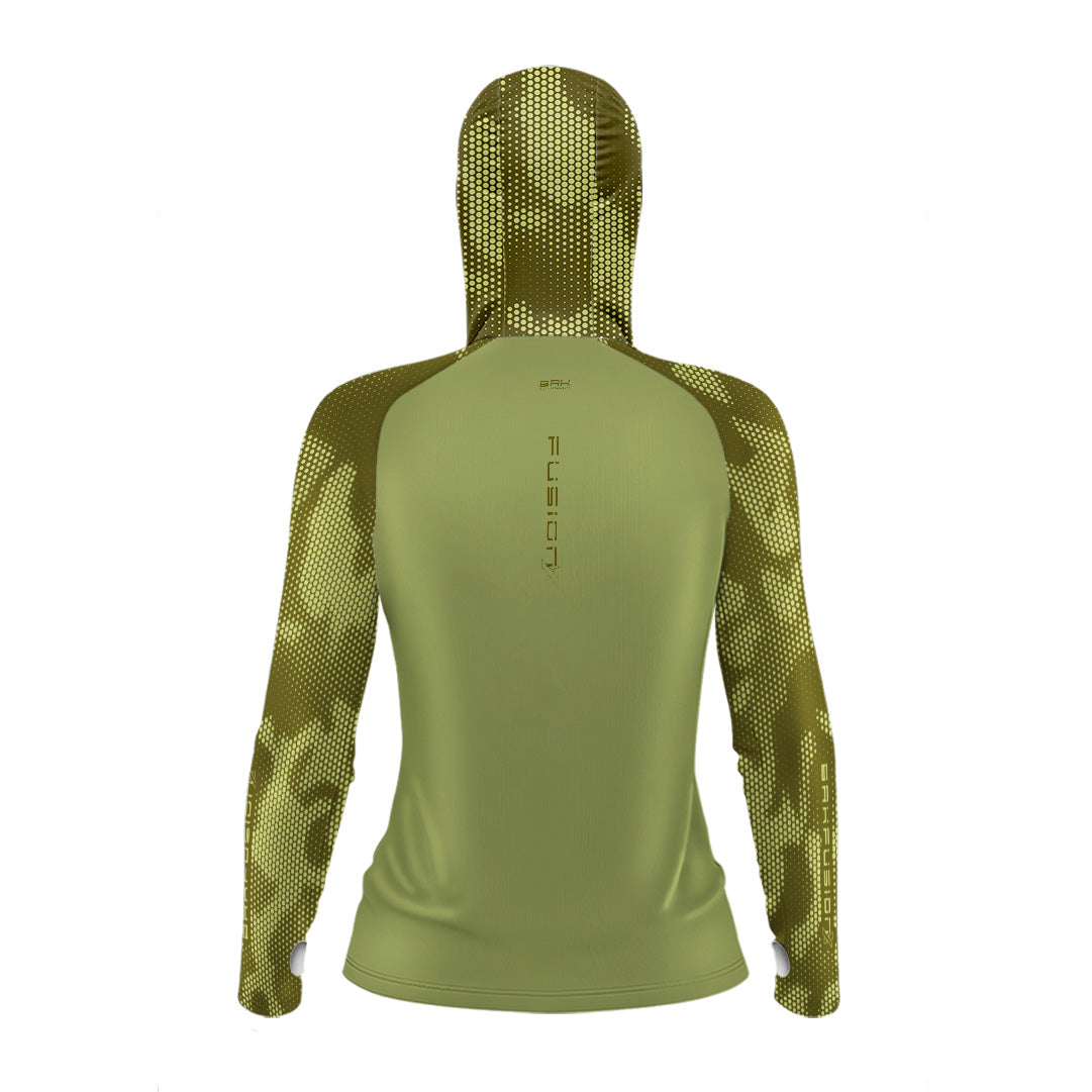 Camisa FusionX Feminina Brk Camo Verde com Capuz e Proteção UV50+ - Brk Fishing
