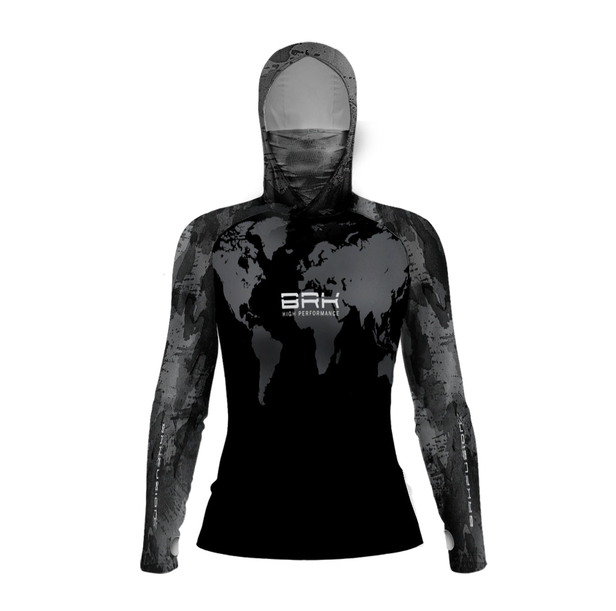 Camisa FusionX Feminina Brk Discovery Cinza e Preta com Capuz e Proteção UV50+ Brk Fishing