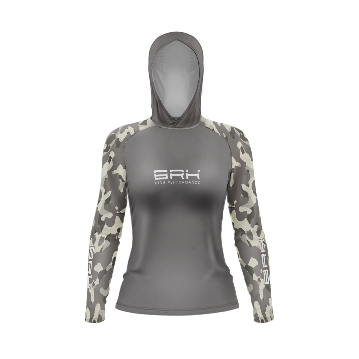 Camisa com Capuz Feminina Brk Camuflada Cinza Verde com Proteção Solar UV50+ - Brk Fishing