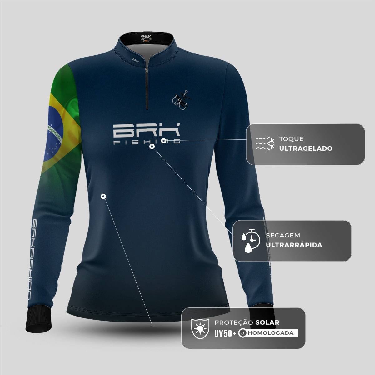 Camisa de Pesca Feminina Brk Azul Bandeira do Brasil Garateia com Proteção UV50+ - Brk Fishing
