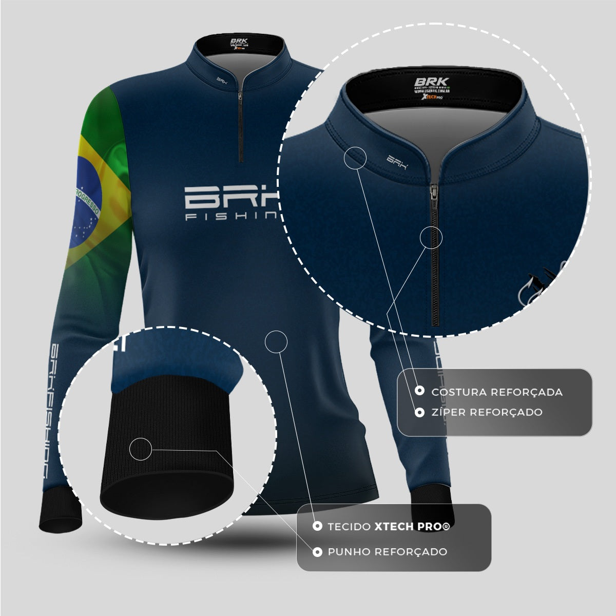 Camisa de Pesca Feminina Brk Azul Bandeira do Brasil Garateia com Proteção UV50+ - Brk Fishing