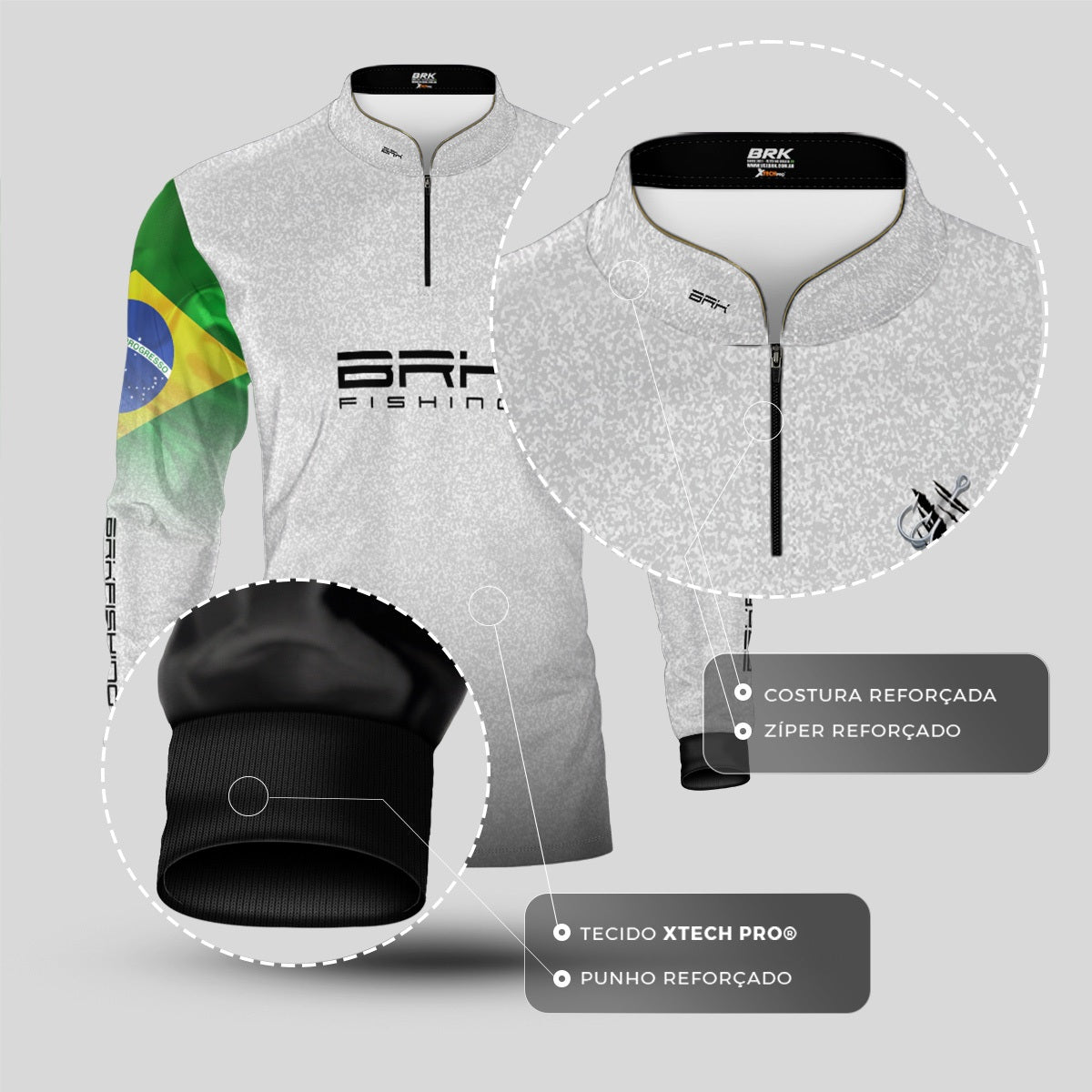 Camisa de Pesca Brk Branca Bandeira do Brasil Garateia com Proteção UV50+ Brk Fishing