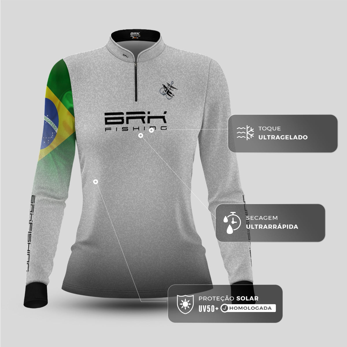 Camisa de Pesca Feminina Brk Branca Bandeira do Brasil Garateia com Proteção UV50+ - Brk Fishing