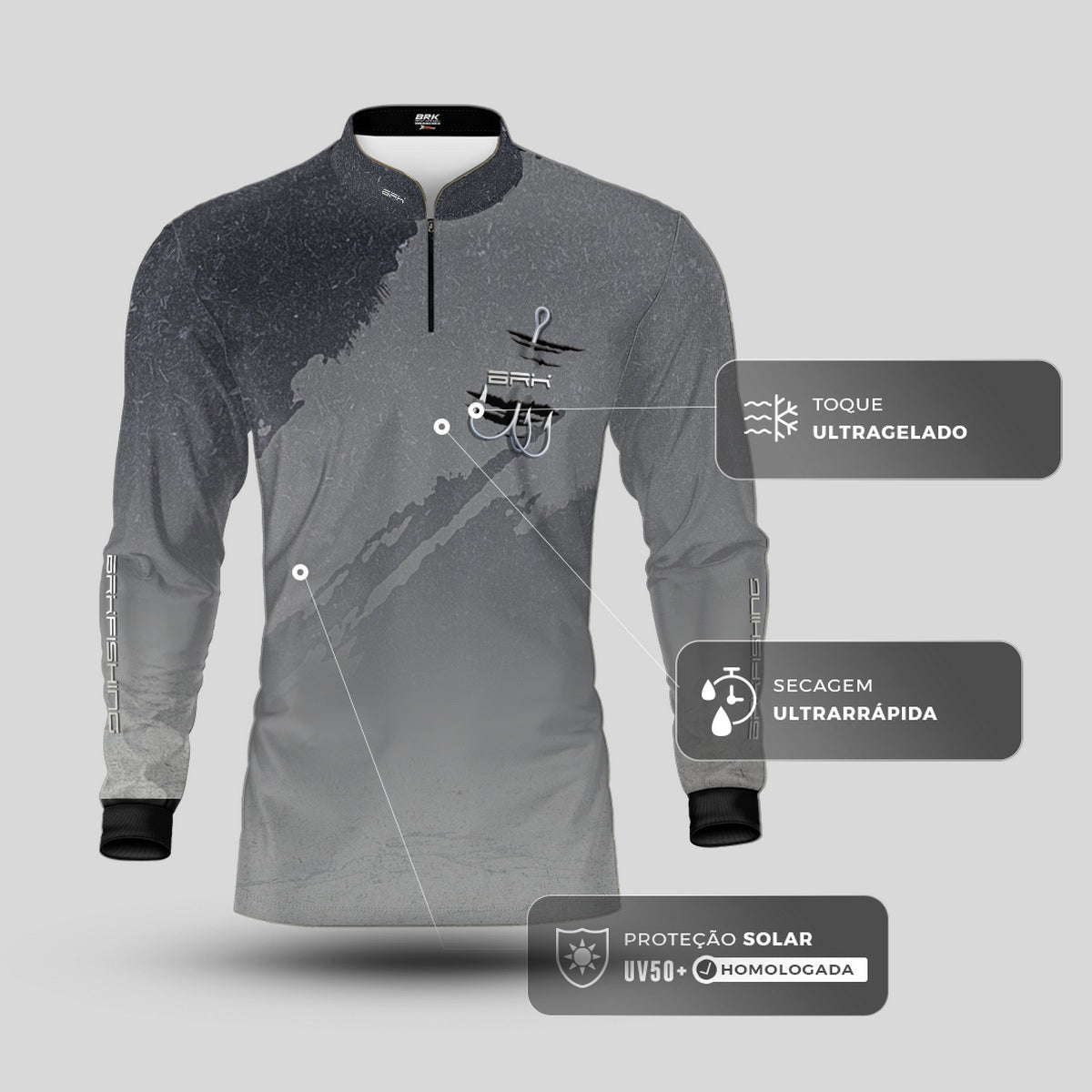 Camisa de Pesca Brk Cinza Grafismo Garateia com Proteção UV50+ - Brk Fishing