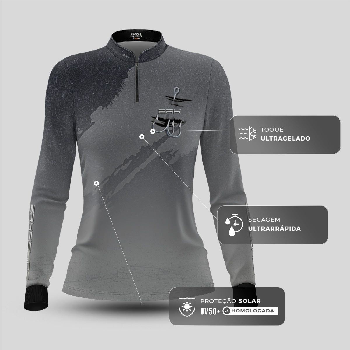 Camisa de Pesca Feminina Brk Cinza Grafismo Garateia com Proteção UV50+ - Brk Fishing