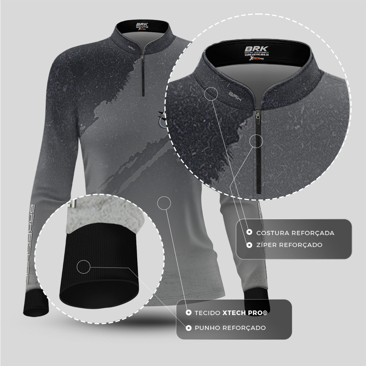 Camisa de Pesca Feminina Brk Cinza Grafismo Garateia com Proteção UV50+ - Brk Fishing