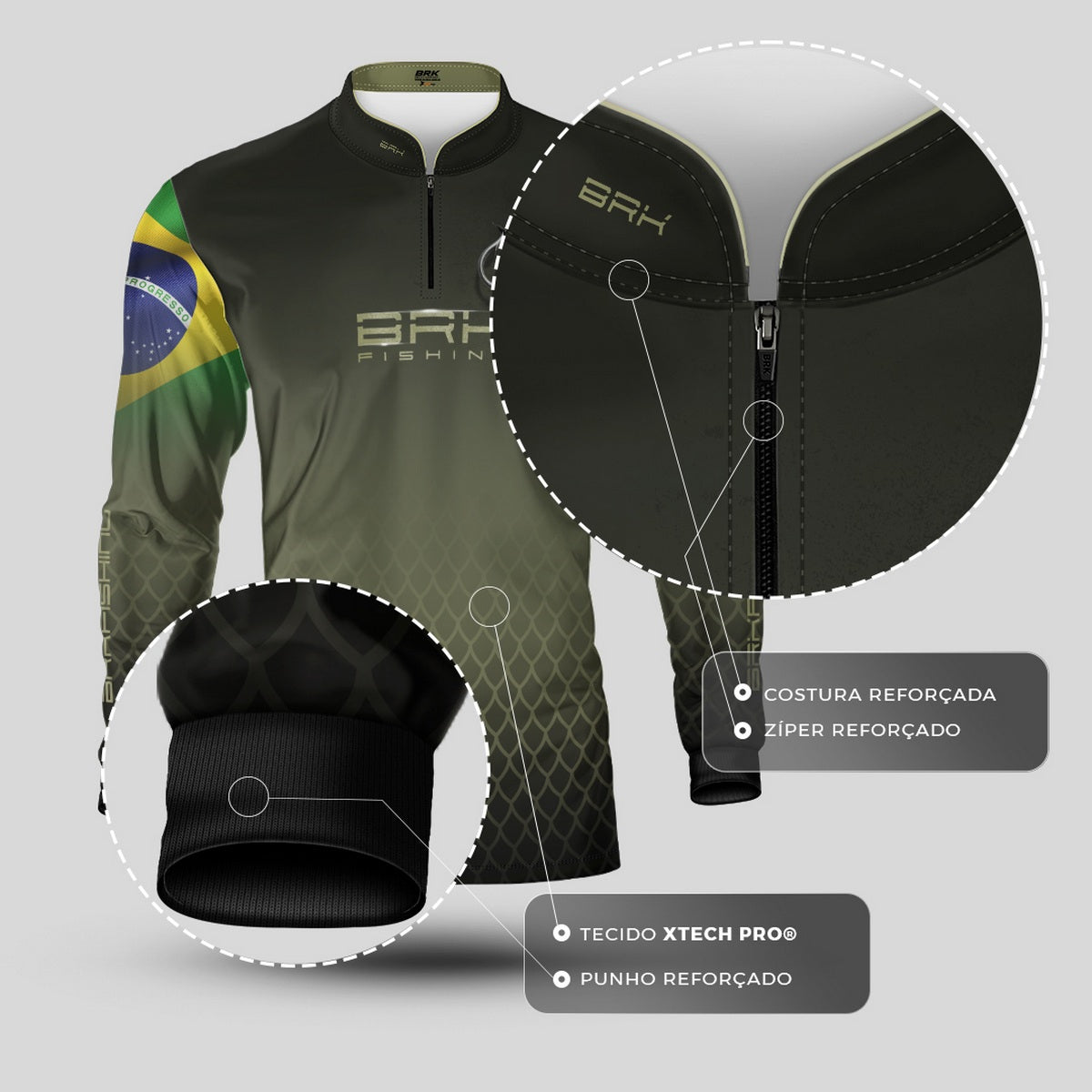 Camisa de Pesca Brk Verde Escamas Bandeira do Brasil Garateia com Proteção UV50+ - Brk Fishing
